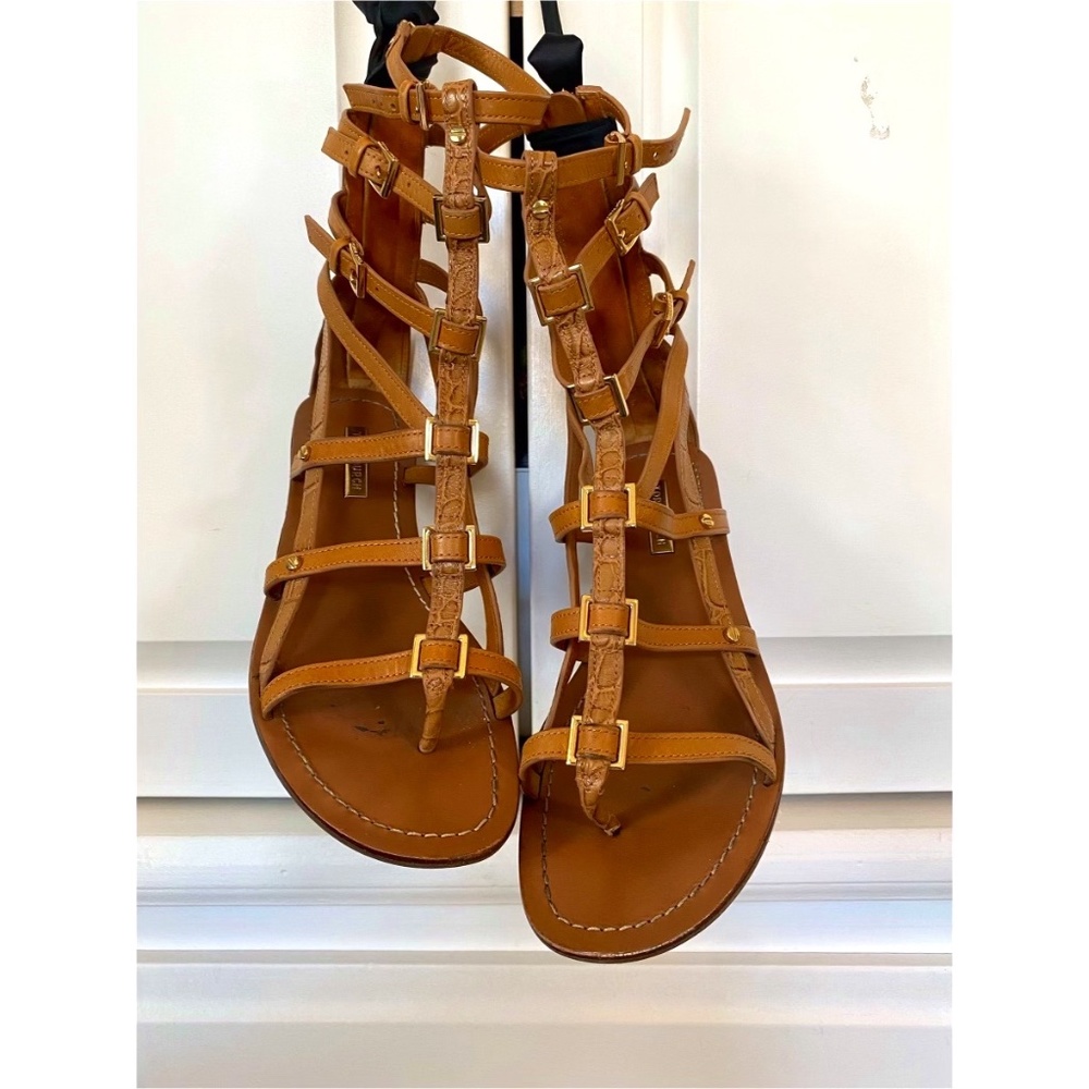 Tory Burch Reggie Flat brown leather cowhide croc-embossed Gladiator Sandals